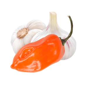 bulbs of garlic and orange habanero pepper