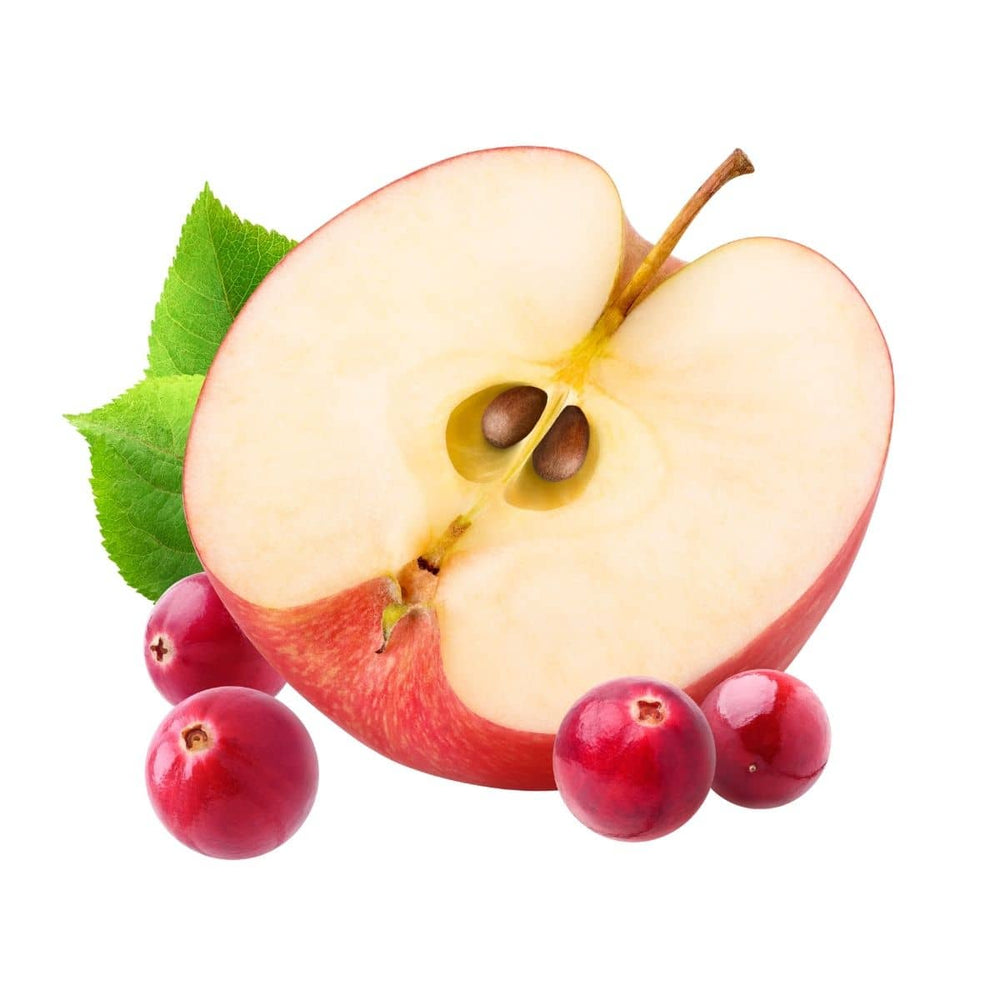 half an apple surrounded by cranberries